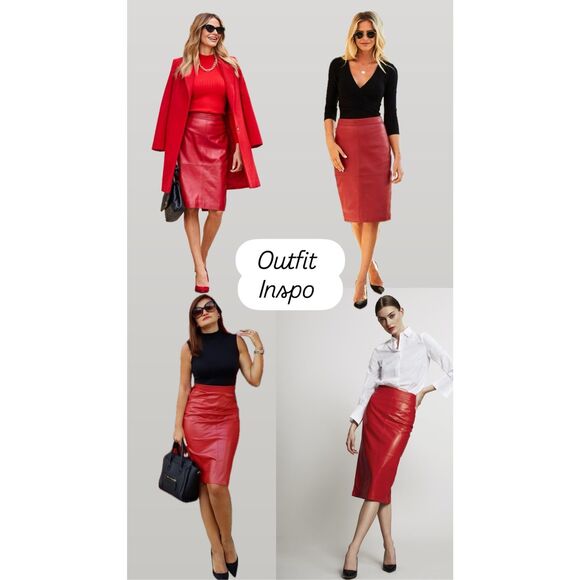 Vintage Evan Davies 100% Leather Red Pencil Skirt - Picture 1 of 8